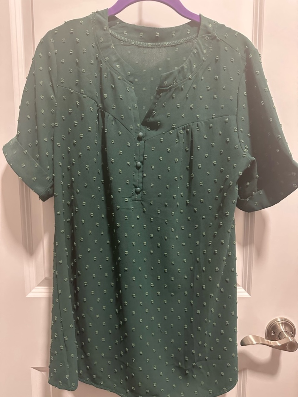 Textured Green V-Neck Button Front Blouse